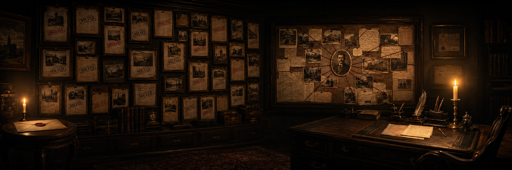 A candlelit study: a writing desk, an evidence board, and a wall of solved and unsolved cases.